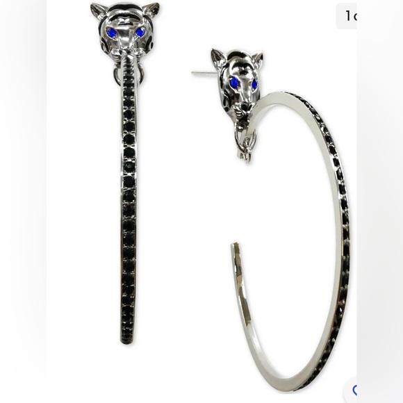 Thalia Sodi, Silver-Tone Pavé Tiger Head Drop Hoop Earrings - Picture 1 of 3